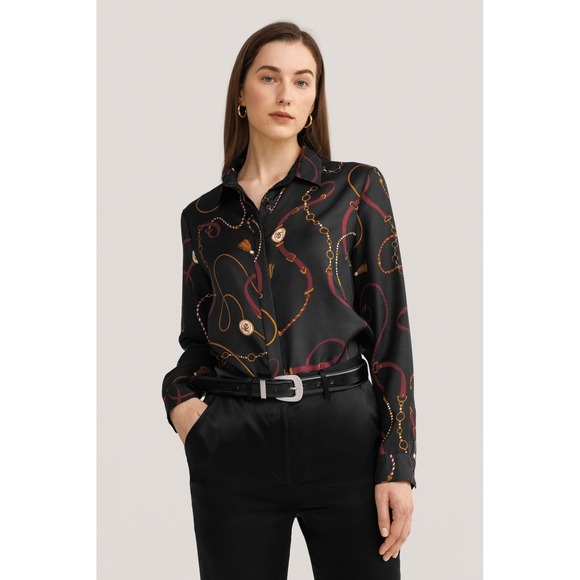 Lilysilk Tops - Lilysilk Louisville Print Silk Shirt Black Equestrian Chain Belt Blouse M